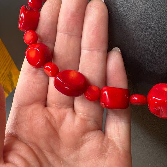 Chunky Red Bamboo Coral Necklace 13"/2" - Picture 2 of 4